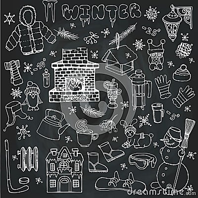 Winteer doodle icons,elements set.Linear.Chalkboard Vector Illustration