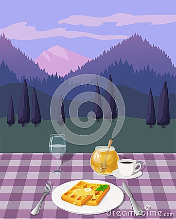 Vector illustration of hand drawn breakfast with coffee, waffles and honey Vector Illustration