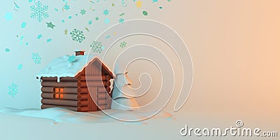 Winter abstract background design creative concept, cartoon wooden house, snow, pine, spruce, fir tree on blue pastel background. Cartoon Illustration