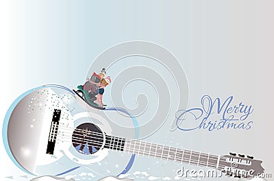 Winter abstract musical design with a guitar and a couple on the sledge. Vector Illustration