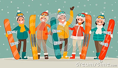 Winter active leisure . A group of people with snowboards and sk Cartoon Illustration