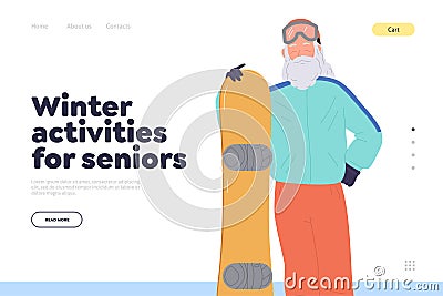 Winter activities for seniors promoting landing page template with old sportsman snowboarder design Vector Illustration