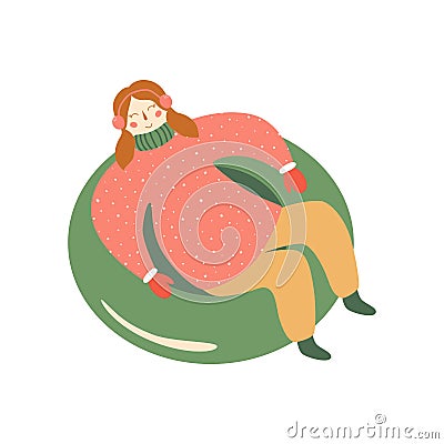 Winter activity. Girl sliding down on winter rubber tubes isolated enjoying a sleigh ride. Winter joy. Vector Vector Illustration