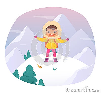 Winter adventure of kid vector illustration. Cartoon childr standing on top of mountain, cute hiker girl enjoying winter Vector Illustration
