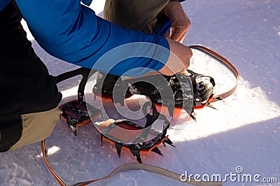 Winter adventures. Crampons. Carpathians. Ukraine. Stock Photo