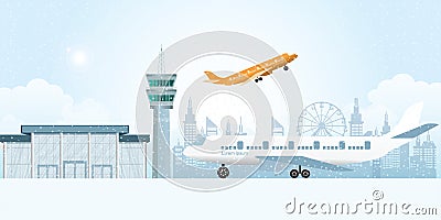 Winter at the airport with snowfall Vector Illustration