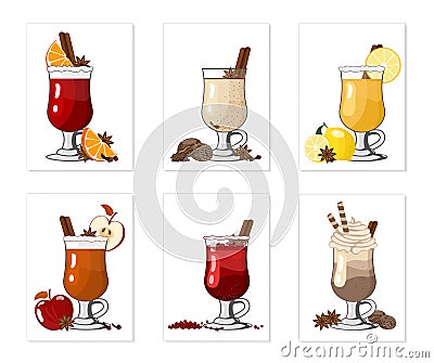 Winter alcoholic hot drinks and cocktails - mulled wine, grog, eggnog, ginger ale, hot buttered rum, punch, mulled apple cider, Vector Illustration