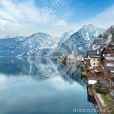 Winter Alpine Hallstatt Town and lake Hallstatter See view Austria Stock Photo