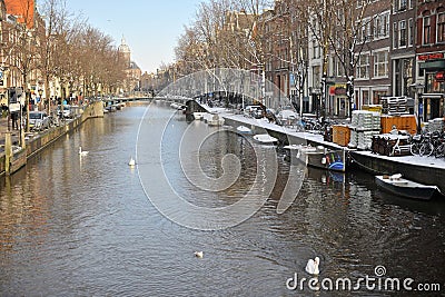 Winter in Amsterdam central river with floating birds swans Editorial Stock Photo