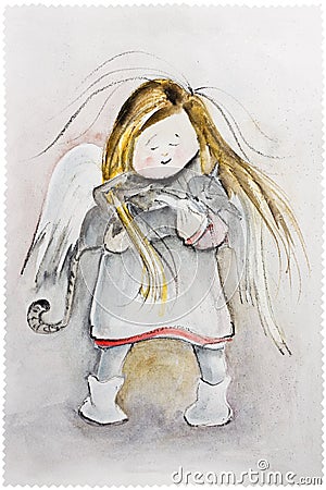 Winter Angel with cat Cartoon Illustration