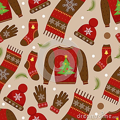 Winter apparel seamless pattern. Christmas clothes repeating texture. Vector Illustration