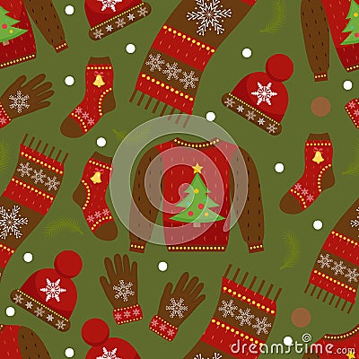 Winter apparel seamless pattern. Christmas clothes repeating texture. Warm clothing Infinite background. Sweater, gloves Vector Illustration