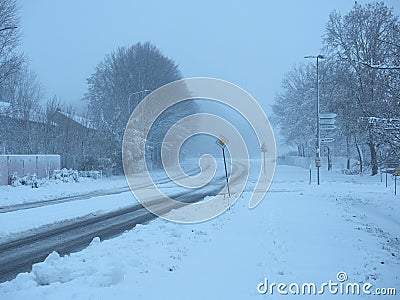 Winter attack in Germany. Heavy snowfall in NRW in the Mettmann county. Snow-covered roads, sidewalks. Editorial Stock Photo