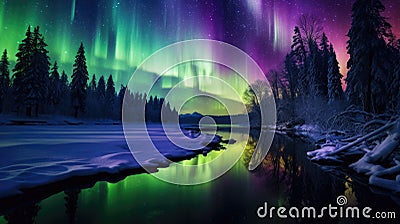 Winter aurora paints a mesmerizing spectrum of colors across the night sky, Ai Generated Stock Photo