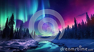 Winter aurora paints a mesmerizing spectrum of colors across the night sky, Ai Generated Stock Photo