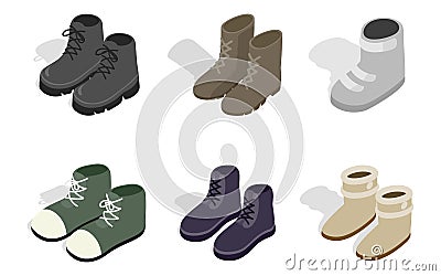 Winter autumn boots icon set, isometric style Vector Illustration