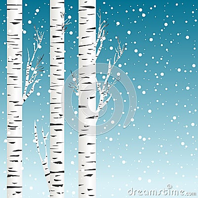 Winter background with birch trees and snowflakes Vector Illustration