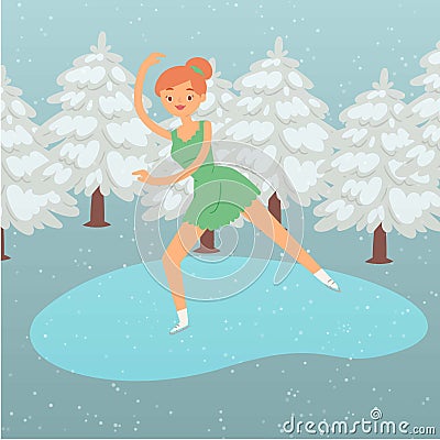 Winter background, cartoon woman skater vector illustration. Sport female active figure skating at ice, snow nature Vector Illustration