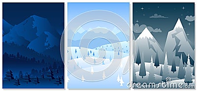 Vector Christmas mountains and hills with pines. Vector Illustration