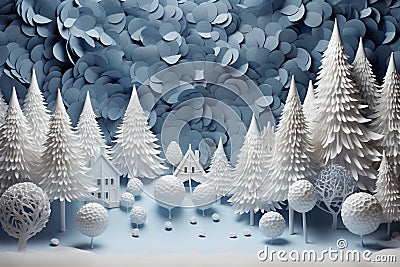 Winter background designed in an origami style, featuring a serene landscape adorned with intricate white and blue origami winter Stock Photo