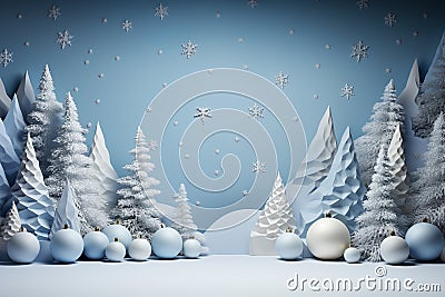 Winter background designed in an origami style, featuring a serene landscape adorned with intricate white and blue origami winter Stock Photo