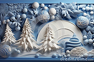 Winter background designed in an origami style, featuring a serene landscape adorned with intricate white and blue origami winter Stock Photo