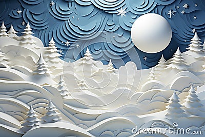 Winter background designed in an origami style, featuring a serene landscape adorned with intricate white and blue origami winter Stock Photo