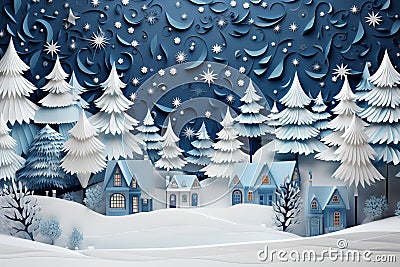 Winter background designed in an origami style, featuring a serene landscape adorned with intricate white and blue origami winter Stock Photo