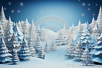 Winter background designed in an origami style, featuring a serene landscape adorned with intricate white and blue origami winter Stock Photo