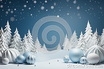 Winter background designed in an origami style, featuring a serene landscape adorned with intricate white and blue origami winter Stock Photo