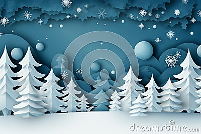 Winter background designed in an origami style, featuring a serene landscape adorned with intricate white and blue origami winter Stock Photo