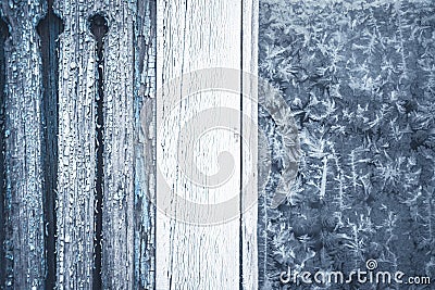 Winter background with frost pattern on rustic window with copy space Stock Photo