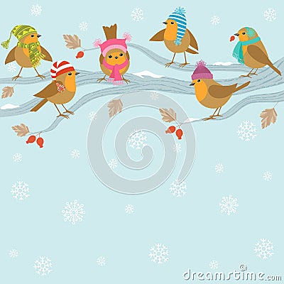 Winter background with funny birds. Vector Illustration
