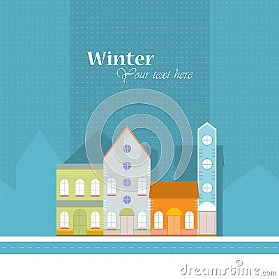 Winter background.House buildings, home, street view in small city, town with road in winter time, snowing Cartoon Illustration