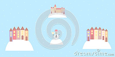 Winter Background With Little Villages And Snowman Cartoon Illustration