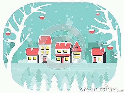 Winter background with a peaceful village in snow, trees and rowan Vector Illustration