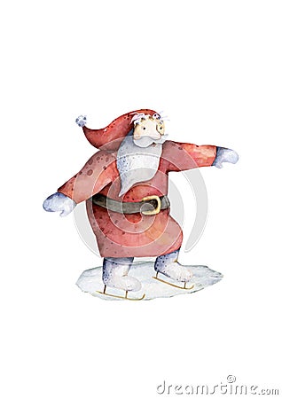Skating Santa Claus. Hand drawn watercolor winter christmas set islated illustration Stock Photo