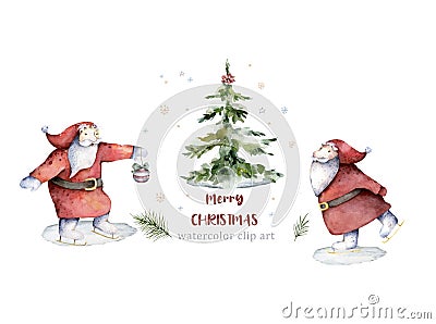 Two skating Santa Claus around spruce tree. Hand drawn watercolor winter christmas set islated illustration Stock Photo