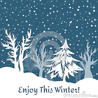 Winter background with snowflakes and trees Vector Illustration