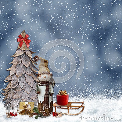 Winter background with a snowman and Christmas trees Stock Photo