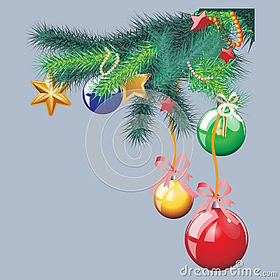 Winter background with spruce twigs and red baubles. Christmas vector illustration. Vector Illustration