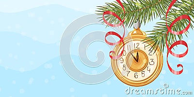 Winter banner. Christmas tree branches with a Christmas tree toy in the form of a clock. New Year. Template for the Cartoon Illustration