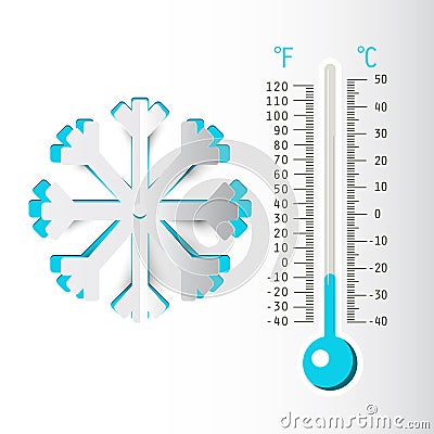 Winter Bckground with Thermometer and Paper Snowflake Vector Illustration