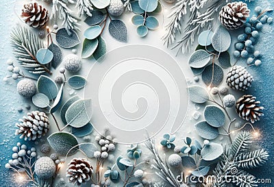 Winter beautiful frame adorned with pinecones,winter berries, eucalyptus leaves, and delicate snowflakes Stock Photo