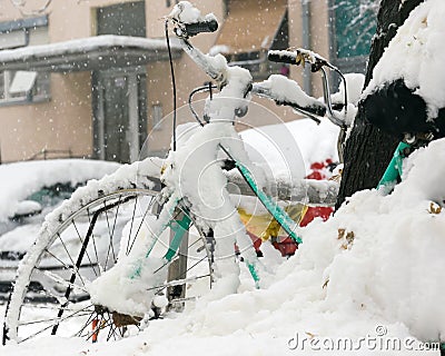 Winter bike. Bicycle under snow Stock Photo