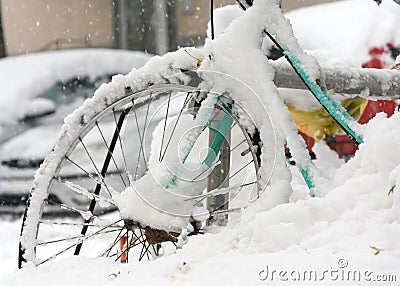 Winter bike. Bicycle under snow Stock Photo