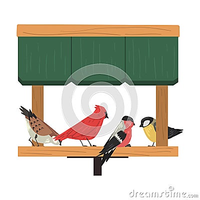 Winter Bird Feeder, Northern Birds Feeding by Seeds in Wooden Feeder, Cute Red Cardinal, Chickadee, Sparrow, Bullfinch Vector Illustration