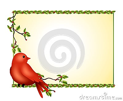 Winter Bird Holly Branch Cartoon Illustration