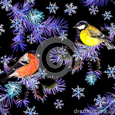 Winter birds, pine tree branches, snowflakes. Seamless pattern in neon light. Night watercolor Stock Photo