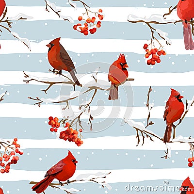 Winter Birds with Rowan Berries Retro Background - Seamless Pattern Vector Illustration